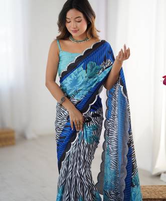 Women's multicolor chinon digital printed designer saree with blouse 4
