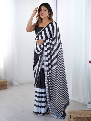 Women's black chinon digital printed designer saree with blouse 1