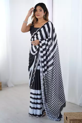 Women's black chinon digital printed designer saree with blouse