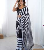 Women's black chinon digital printed designer saree with blouse