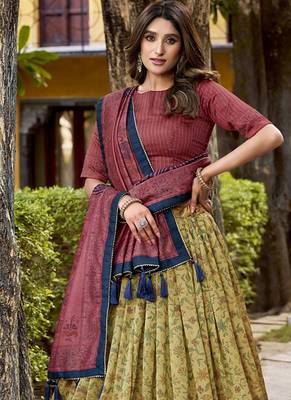 Multicolor printed vichitra silk lehenga with choli and dupatta 1