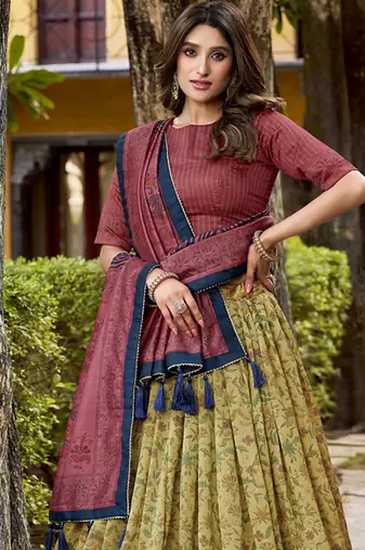 Multicolor printed vichitra silk lehenga with choli and dupatta