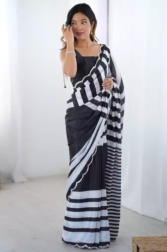 Women's black chinon digital printed designer saree with blouse