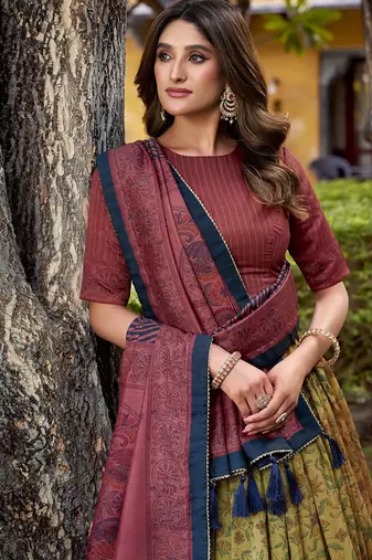Multicolor printed vichitra silk lehenga with choli and dupatta