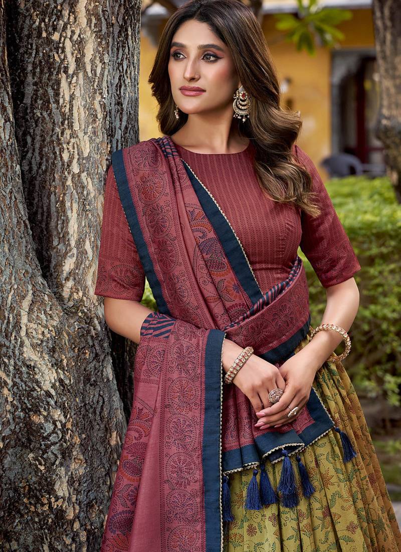 Multicolor printed vichitra silk lehenga with choli and dupatta