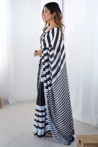 Women's black chinon digital printed designer saree with blouse