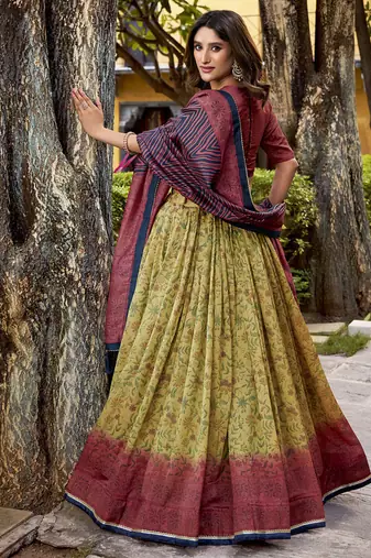 Multicolor printed vichitra silk lehenga with choli and dupatta