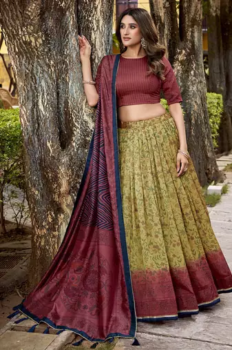 Multicolor printed vichitra silk lehenga with choli and dupatta