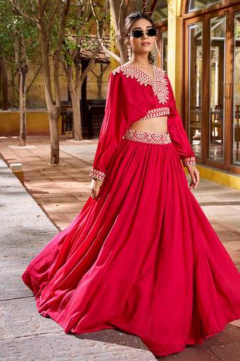 pink Vichitra Silk crop top Lehenga with Detailed Thread Embroidery
