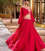 pink Vichitra Silk crop top Lehenga with Detailed Thread Embroidery