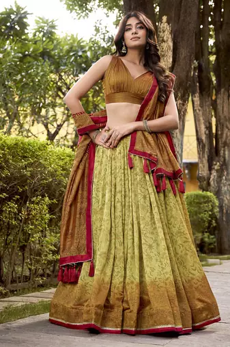 Multicolor printed vichitra silk lehenga with choli and dupatta