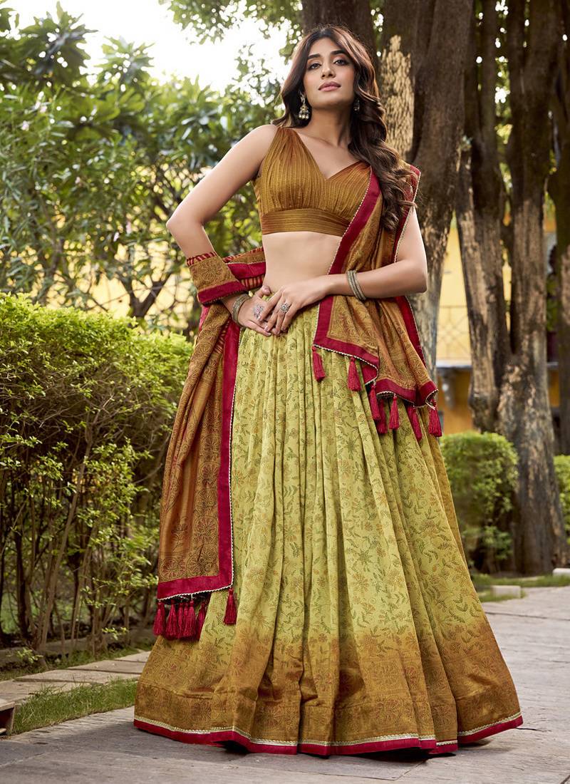 Multicolor printed vichitra silk lehenga with choli and dupatta
