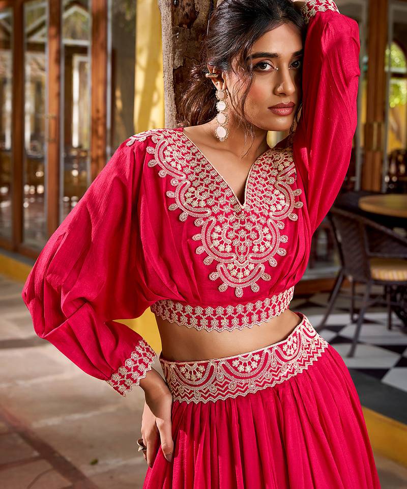 pink Vichitra Silk crop top Lehenga with Detailed Thread Embroidery