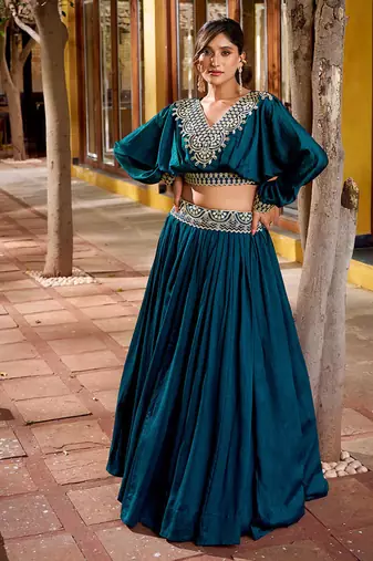 blue Vichitra Silk crop top Lehenga with Detailed Thread Embroidery
