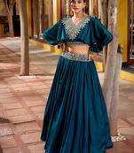 blue Vichitra Silk crop top Lehenga with Detailed Thread Embroidery