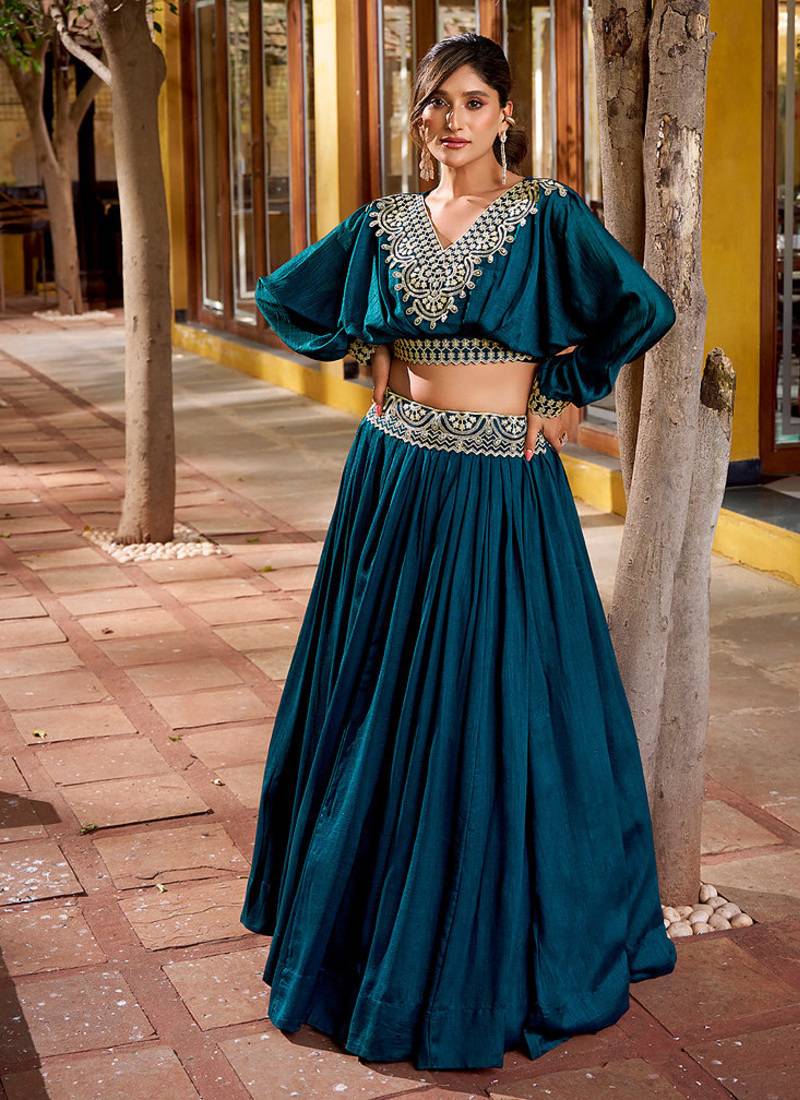 blue Vichitra Silk crop top Lehenga with Detailed Thread Embroidery