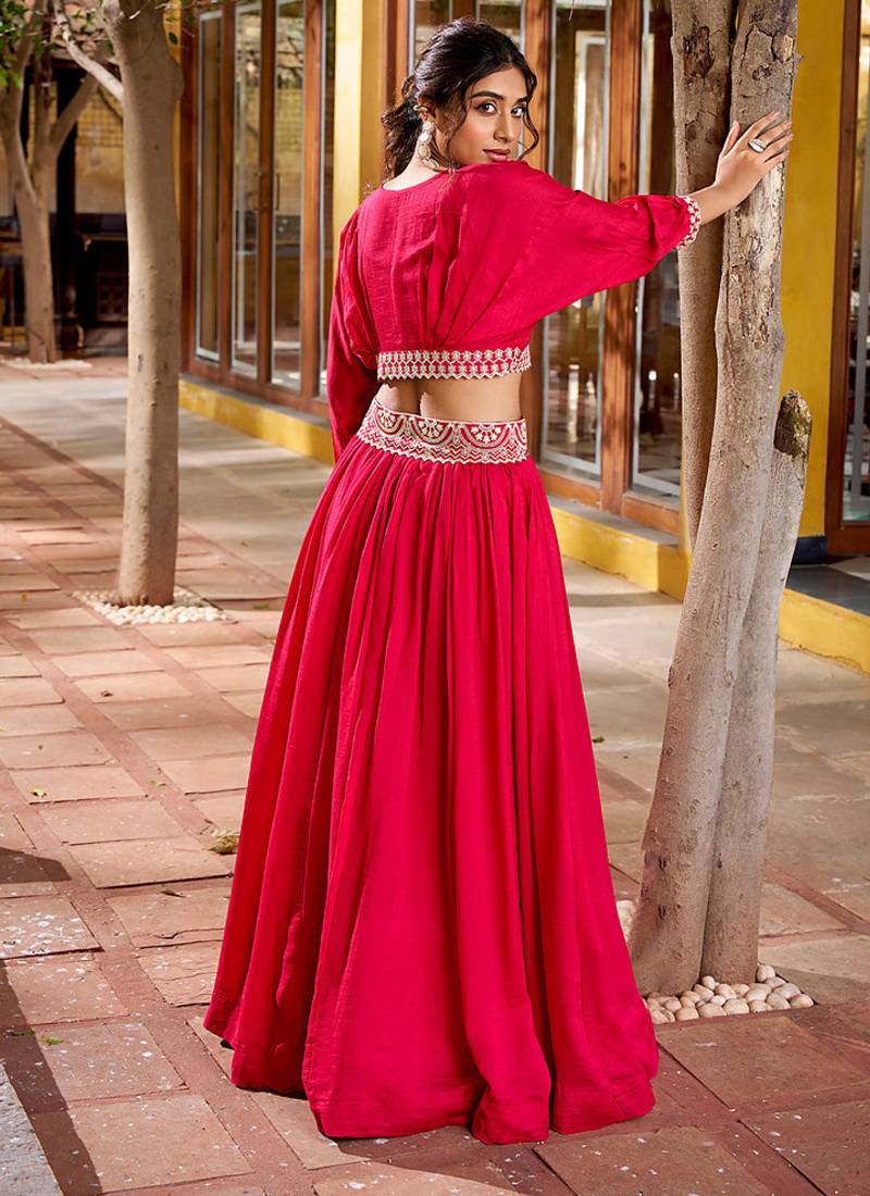 pink Vichitra Silk crop top Lehenga with Detailed Thread Embroidery