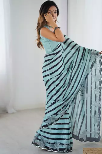 Women's sea green chinon digital printed designer saree with blouse