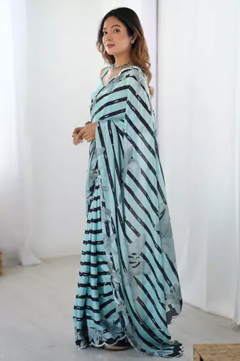 Women's sea green chinon digital printed designer saree with blouse