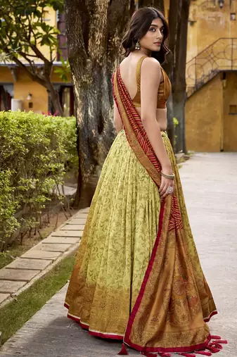 Multicolor printed vichitra silk lehenga with choli and dupatta