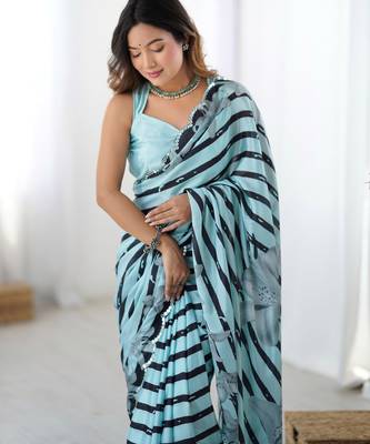 Women's sea green chinon digital printed designer saree with blouse 4