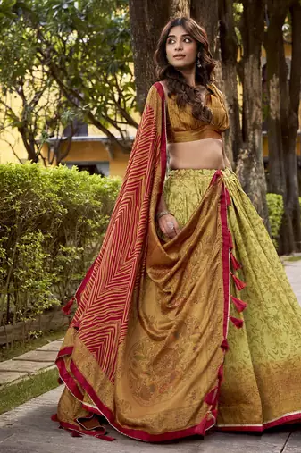 Multicolor printed vichitra silk lehenga with choli and dupatta