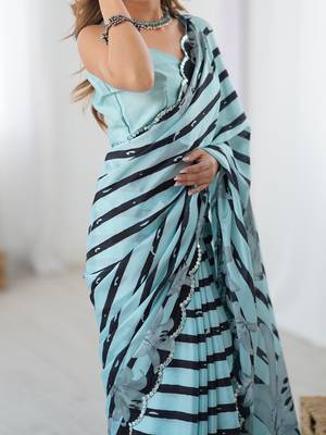 Women's sea green chinon digital printed designer saree with blouse 5