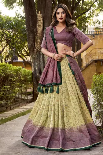 Multicolor printed vichitra silk lehenga with choli and dupatta