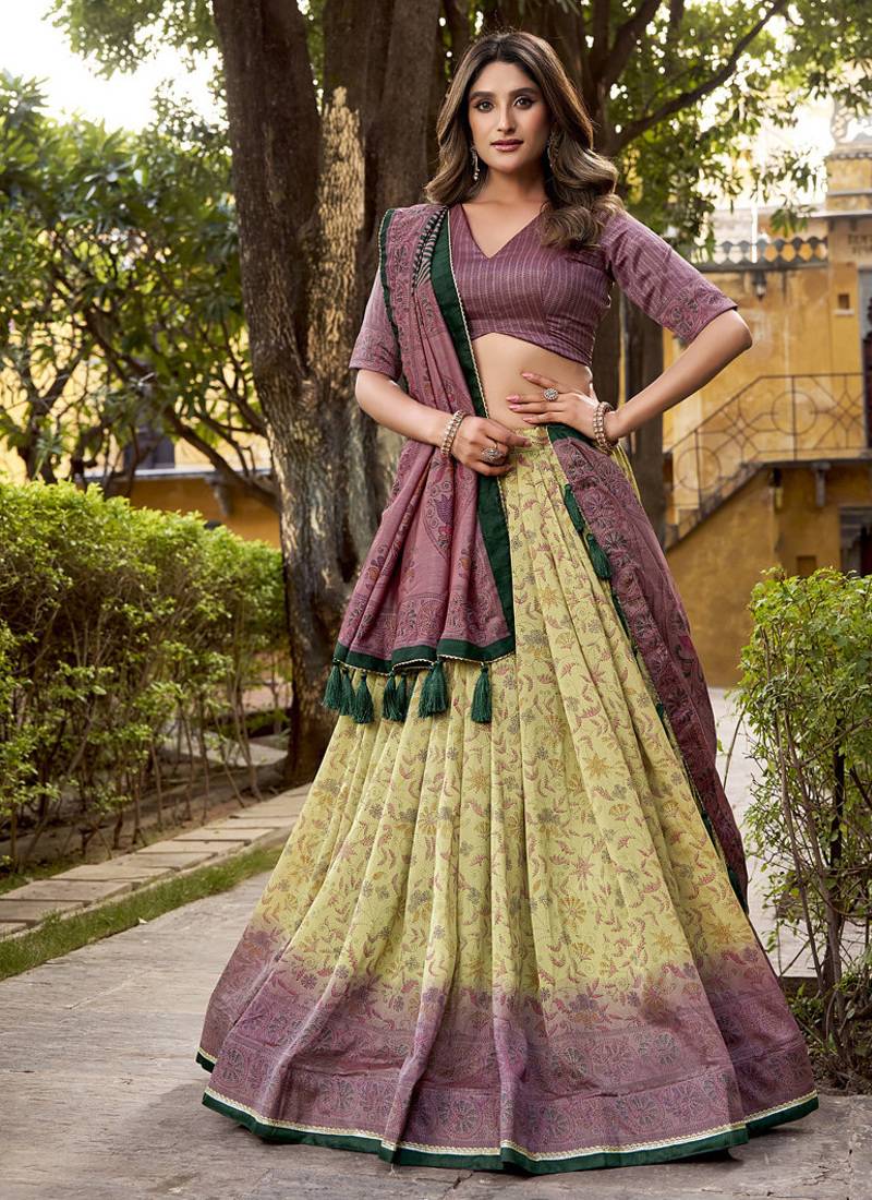 Multicolor printed vichitra silk lehenga with choli and dupatta