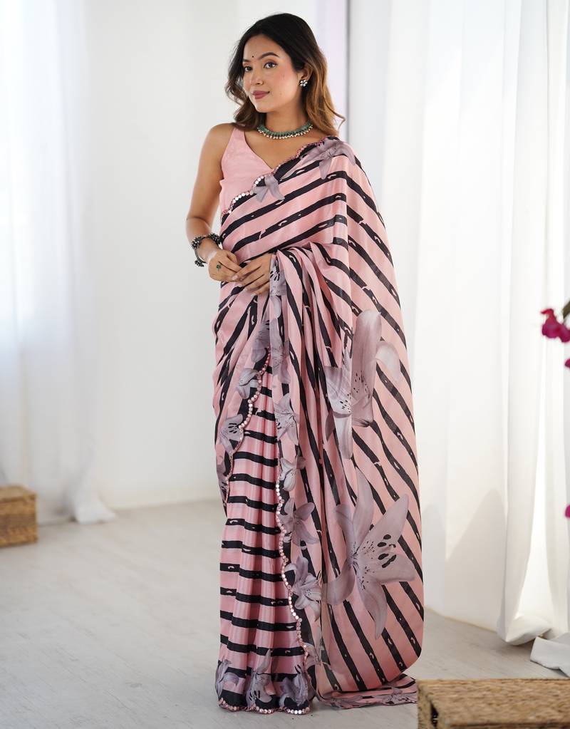 Women's baby pink chinon digital printed designer saree with blouse