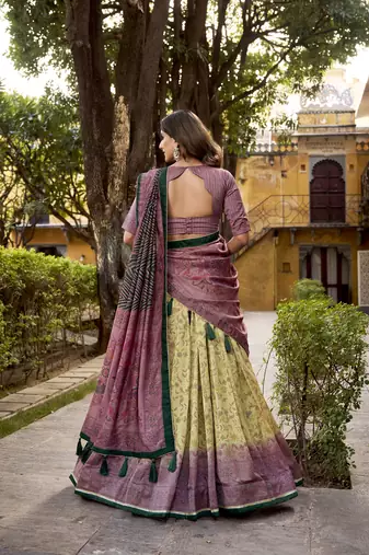 Multicolor printed vichitra silk lehenga with choli and dupatta