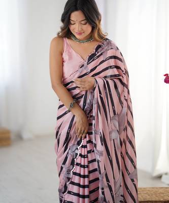 Women's baby pink chinon digital printed designer saree with blouse 4