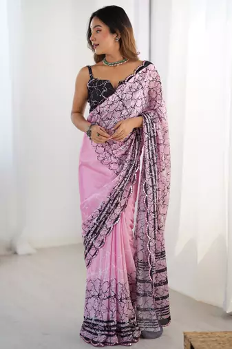 Women's pink chinon digital printed designer saree with blouse
