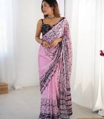 Women's pink chinon digital printed designer saree with blouse