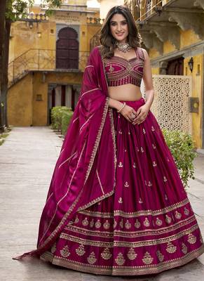 royal magenta silk Lehenga Choli set with Sequins & Thread Embroidery 1