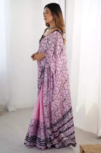 Women's pink chinon digital printed designer saree with blouse