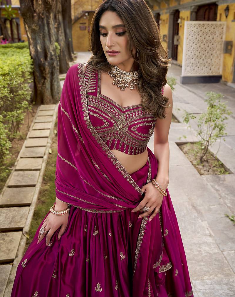 royal magenta silk Lehenga Choli set with Sequins & Thread Embroidery