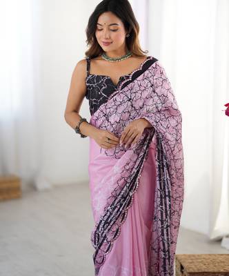 Women's pink chinon digital printed designer saree with blouse 4