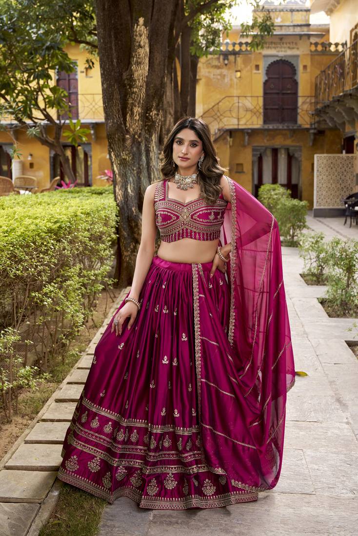 royal magenta silk Lehenga Choli set with Sequins & Thread Embroidery