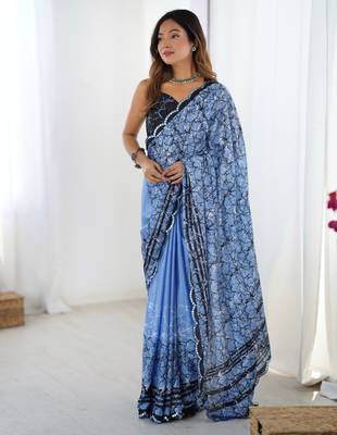 Women's blue chinon digital printed designer saree with blouse 1