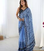 Women's blue chinon digital printed designer saree with blouse