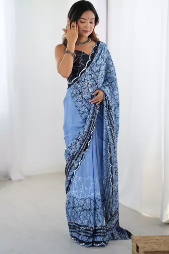 Women's blue chinon digital printed designer saree with blouse