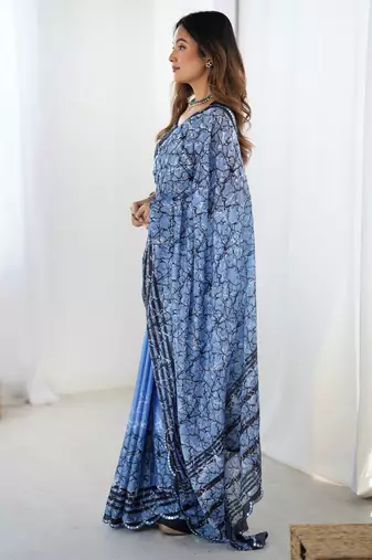 Women's blue chinon digital printed designer saree with blouse
