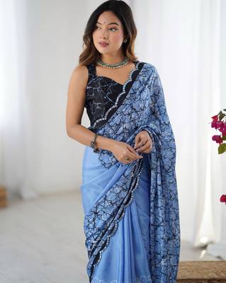 Women's blue chinon digital printed designer saree with blouse 4