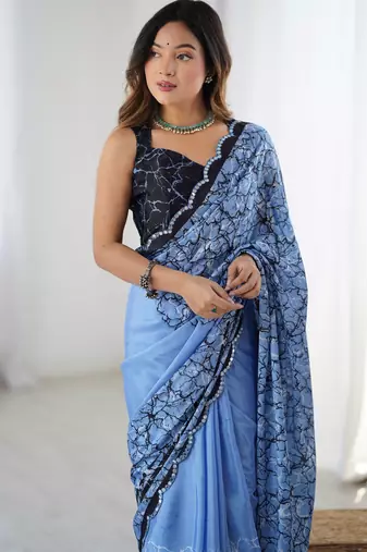 Women's blue chinon digital printed designer saree with blouse