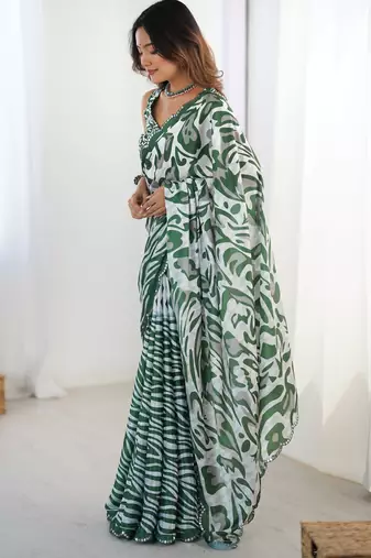 Women's green chinon digital printed designer saree with blouse