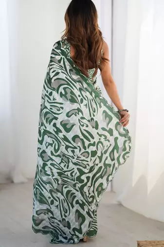 Women's green chinon digital printed designer saree with blouse