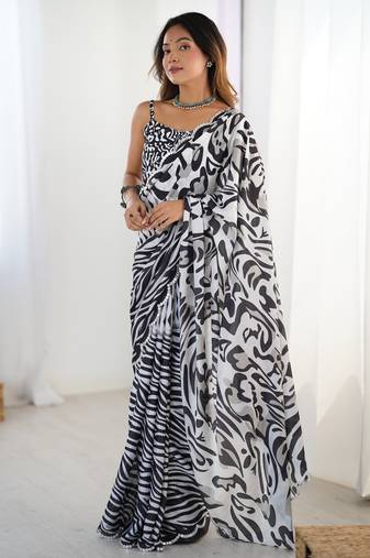 Women's black chinon digital printed designer saree with blouse