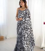 Women's black chinon digital printed designer saree with blouse