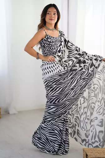 Women's black chinon digital printed designer saree with blouse